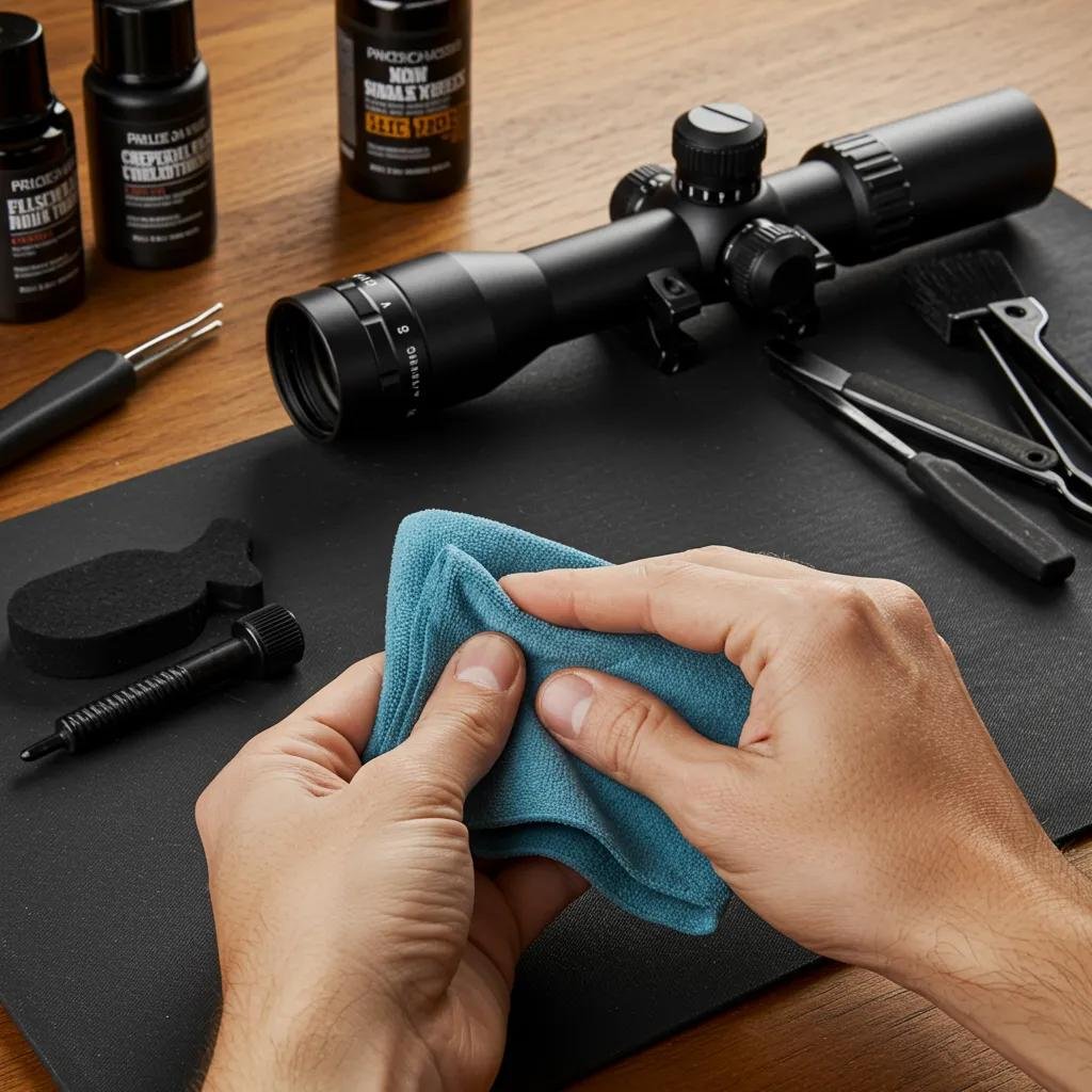 A person cleaning a rifle scope in a well-organized workspace with maintenance tools