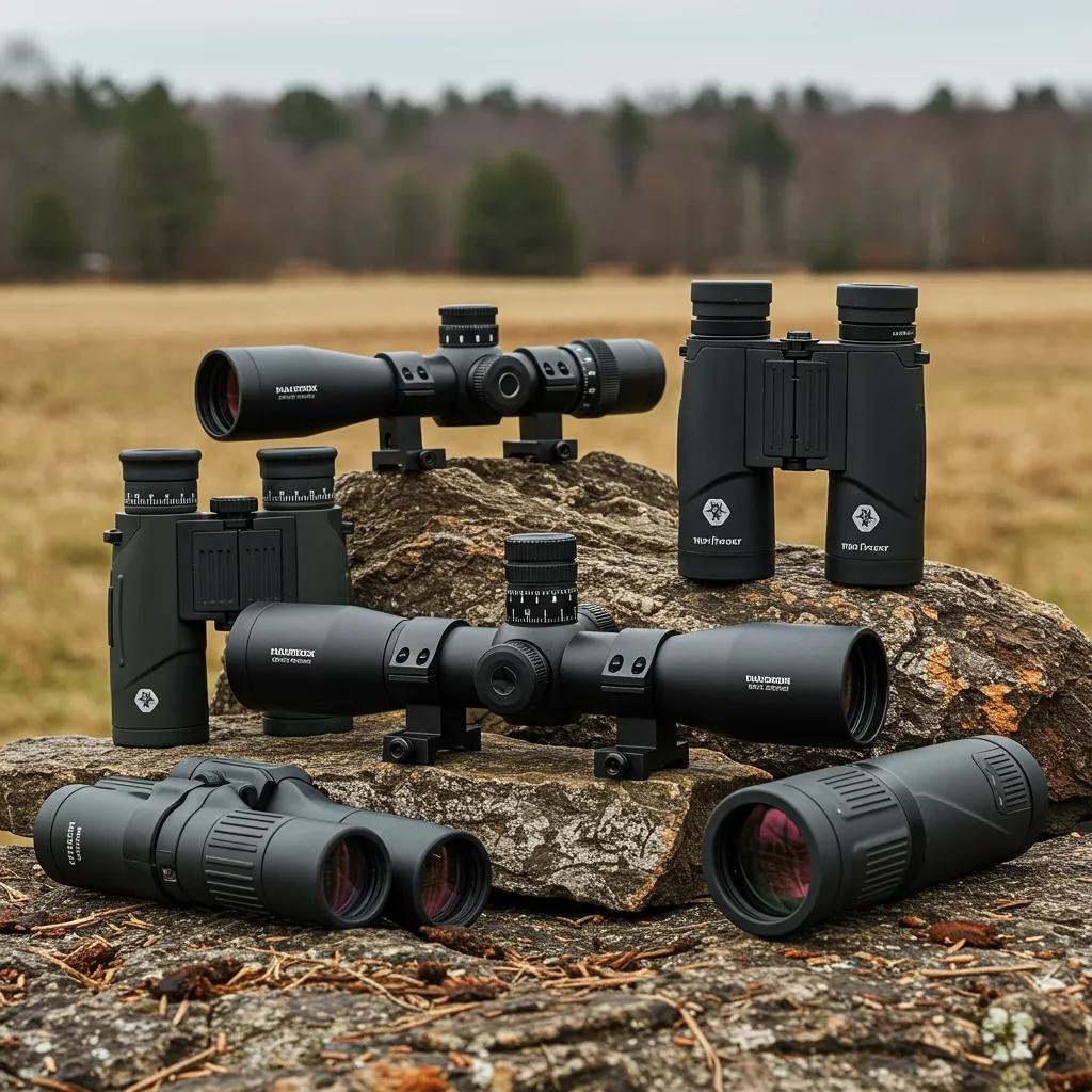 High-performance hunting optics including rifle scopes and binoculars in a natural outdoor setting