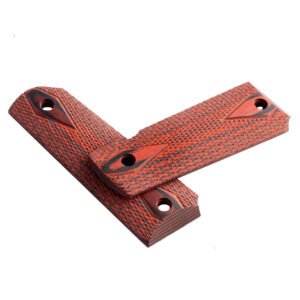 Red 1911 grips, angled view of the checkered panels and layered edge