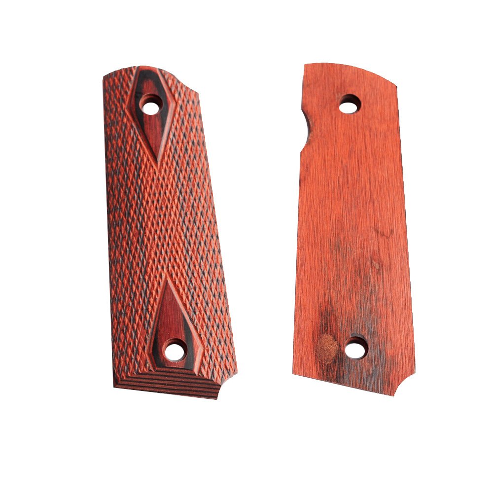 Front and back of the red laminated grip panels Laminated wood 1911 grips, front and back of the pair