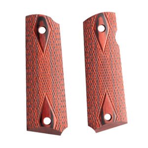 1911 grips in red laminated wood with double diamond checkering, one pair
