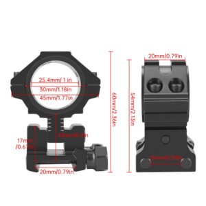 Scope ring dimensions: 60 mm overall height, 20 mm ring width, 45 mm ring outer width, 20 mm rail slot