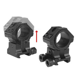 Scope ring height adjustment shown with the ring raised on its ratchet post