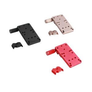 Glock optic mount with charging handle and rear cover plate in black, red and tan