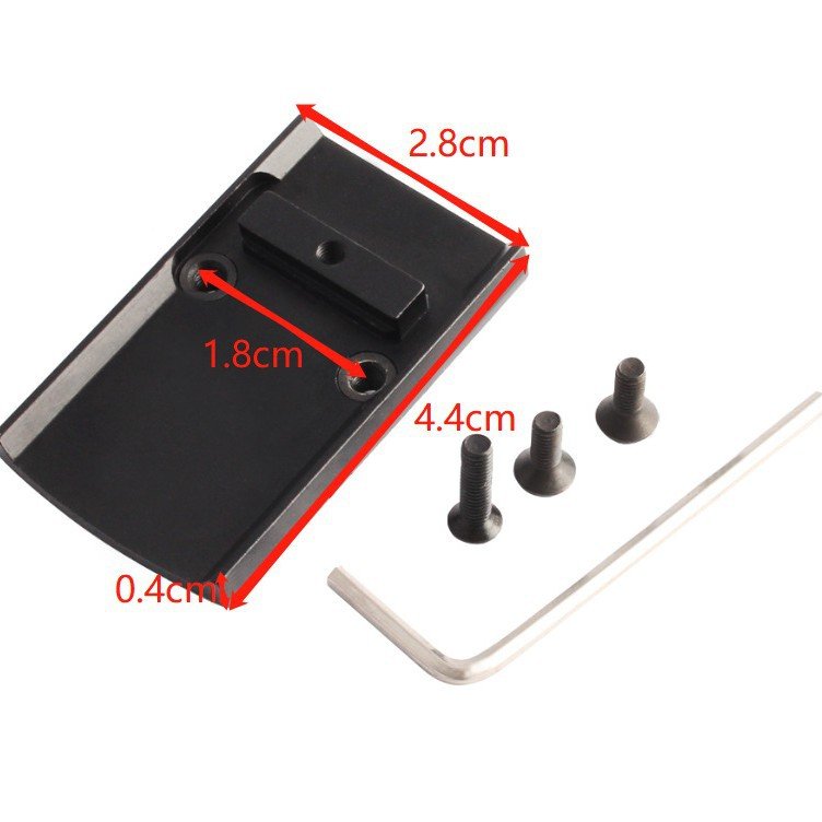 Glock RMR mount plate dimensions 44 x 28 mm with 18 mm hole spacing Glock RMR mount plate dimensions 44 x 28 mm with 18 mm hole spacing