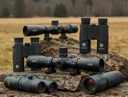 High-performance hunting optics including rifle scopes and binoculars in a natural outdoor setting